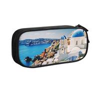 BNVSADC Santorini Greek Island sea View Printed Pencil Case Large Pen Bag Cute Pencil Box Pouch Office School Stationery Organizer for Girls Boys, Black