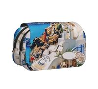 BNVSADC Santorini Greek Island sea View Printed Print Flip Top Double Layer Pencil Case - Large Capacity School Supplies Organizer for Students, Kids, Teens, Artists, Travel & Office Use