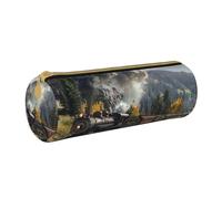 BNVSADC Steam Locomotive Train Printed Round Pencil Case Leather Pencil Pouch Cute Stationery Pencil Pen Bag for School Office Travel