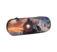 BNVSADC Steam Train Depart Sunset Printed Leather Pencil Pen Case & Makeup Bag - Stylish Hard Shell Pencil Bag Stationery Organizer Pouch for School Office Travel