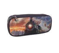 BNVSADC Steam Train Depart Sunset Printed Leather Pencil Pen Case & Makeup Bag - Stylish Pencil Bag Stationery Organizer Pouch for School Office Travel