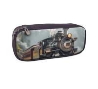 BNVSADC Steam Train Printed Leather Pencil Pen Case & Makeup Bag - Stylish Pencil Bag Stationery Organizer Pouch for School Office Travel