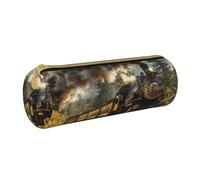 BNVSADC Steam Train Printed Round Pencil Case Leather Pencil Pouch Cute Stationery Pencil Pen Bag for School Office Travel