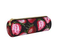BNVSADC Strawberry Pattern Printed Round Pencil Case Leather Pencil Pouch Cute Stationery Pencil Pen Bag for School Office Travel
