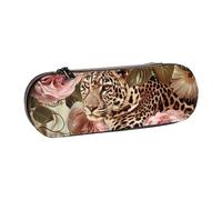 BNVSADC Striped Rose and Leopard Printed Leather Pencil Pen Case & Makeup Bag - Stylish Hard Shell Pencil Bag Stationery Organizer Pouch for School Office Travel