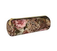 BNVSADC Striped Rose and Leopard Printed Round Pencil Case Leather Pencil Pouch Cute Stationery Pencil Pen Bag for School Office Travel