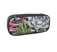 BNVSADC Striped Succulents Printed Leather Pencil Pen Case & Makeup Bag - Stylish Pencil Bag Stationery Organizer Pouch for School Office Travel