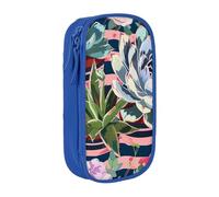BNVSADC Striped Succulents Printed Pencil Case for Girls Boys, Large Capacity Pencil Pouch Cute Pencil Box Adult Makeup Bag with 2 Compartments, Blue