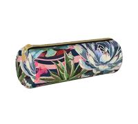 BNVSADC Striped Succulents Printed Round Pencil Case Leather Pencil Pouch Cute Stationery Pencil Pen Bag for School Office Travel