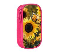 BNVSADC Sunflower Blooming Flowers Plants Butterfly Printed Pencil Case for Girls Boys, Large Capacity Pencil Pouch Cute Pencil Box Adult Makeup Bag with 2 Compartments, Pink
