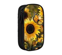BNVSADC Sunflower Blooming Flowers Plants Butterfly Printed Pencil Case for Girls Boys, Large Capacity Pencil Pouch Cute Pencil Box Adult Makeup Bag with 2 Compartments, Black