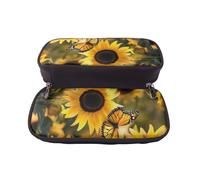 BNVSADC Sunflower Blooming Flowers Plants Butterfly Printed PU Leather Flip Pencil Case, Cute Pencil Box Pen Bag Stationery Organizer Makeup Bag for School Office Travel