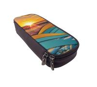 BNVSADC Sunset and Sunrise with Sea Waves Printed PU Leather Flip Pencil Case, Cute Pencil Box Pen Bag Stationery Organizer Makeup Bag for School Office Travel