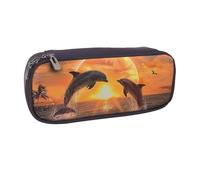 BNVSADC Sunset Dolphins Printed Leather Pencil Pen Case & Makeup Bag - Stylish Pencil Bag Stationery Organizer Pouch for School Office Travel