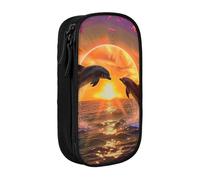 BNVSADC Sunset Dolphins Printed Pencil Case for Girls Boys, Large Capacity Pencil Pouch Cute Pencil Box Adult Makeup Bag with 2 Compartments, Black
