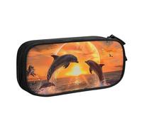 BNVSADC Sunset Dolphins Printed Pencil Case Large Pen Bag Cute Pencil Box Pouch Office School Stationery Organizer for Girls Boys, Black
