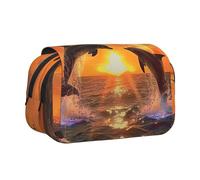 BNVSADC Sunset Dolphins Printed Print Flip Top Double Layer Pencil Case - Large Capacity School Supplies Organizer for Students, Kids, Teens, Artists, Travel & Office Use