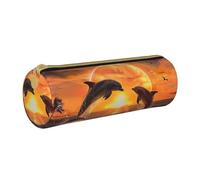 BNVSADC Sunset Dolphins Printed Round Pencil Case Leather Pencil Pouch Cute Stationery Pencil Pen Bag for School Office Travel