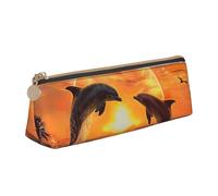 BNVSADC Sunset Dolphins Printed Triangle Pencil Case Leather Pencil Pouch Cute Stationery Pencil Pen Bag for School Office Travel