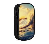 BNVSADC Sunset Sea Surfing Seascape Printed Pencil Case for Girls Boys, Large Capacity Pencil Pouch Cute Pencil Box Adult Makeup Bag with 2 Compartments, Black