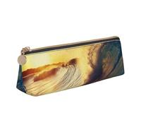 BNVSADC Sunset Sea Surfing Seascape Printed Triangle Pencil Case Leather Pencil Pouch Cute Stationery Pencil Pen Bag for School Office Travel