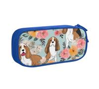 BNVSADC Sweet Basset Hound Florals Printed Pencil Case Large Pen Bag Cute Pencil Box Pouch Office School Stationery Organizer for Girls Boys, Blue