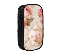 BNVSADC Tea Cups with Roses Romantic Shabby Printed Pencil Case for Girls Boys, Large Capacity Pencil Pouch Cute Pencil Box Adult Makeup Bag with 2 Compartments, Black