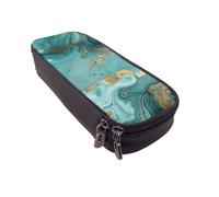 BNVSADC Teal and Gold Marble Printed PU Leather Flip Pencil Case, Cute Pencil Box Pen Bag Stationery Organizer Makeup Bag for School Office Travel