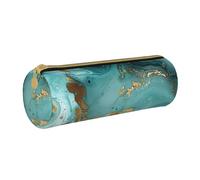 BNVSADC Teal and Gold Marble Printed Round Pencil Case Leather Pencil Pouch Cute Stationery Pencil Pen Bag for School Office Travel