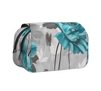 BNVSADC Teal Grey and White Floral Printed Print Flip Top Double Layer Pencil Case - Large Capacity School Supplies Organizer for Students, Kids, Teens, Artists, Travel & Office Use