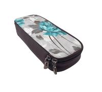 BNVSADC Teal Grey and White Floral Printed PU Leather Flip Pencil Case, Cute Pencil Box Pen Bag Stationery Organizer Makeup Bag for School Office Travel
