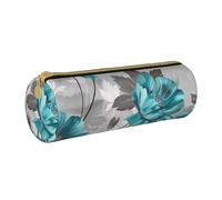 BNVSADC Teal Grey and White Floral Printed Round Pencil Case Leather Pencil Pouch Cute Stationery Pencil Pen Bag for School Office Travel