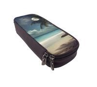 BNVSADC Tropical Beach Palm Tree with Full Moon Printed PU Leather Flip Pencil Case, Cute Pencil Box Pen Bag Stationery Organizer Makeup Bag for School Office Travel