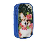 BNVSADC Tropical Flower and Corgi 2 Printed Pencil Case for Girls Boys, Large Capacity Pencil Pouch Cute Pencil Box Adult Makeup Bag with 2 Compartments, Blue