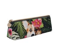 BNVSADC Tropical Flower and Corgi 2 Printed Triangle Pencil Case Leather Pencil Pouch Cute Stationery Pencil Pen Bag for School Office Travel