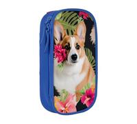 BNVSADC Tropical Flower and Corgi Printed Pencil Case for Girls Boys, Large Capacity Pencil Pouch Cute Pencil Box Adult Makeup Bag with 2 Compartments, Blue