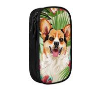 BNVSADC Tropical Flower and Corgi Printed Pencil Case for Girls Boys, Large Capacity Pencil Pouch Cute Pencil Box Adult Makeup Bag with 2 Compartments, Black