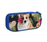 BNVSADC Tropical Flower and Corgi Printed Pencil Case Large Pen Bag Cute Pencil Box Pouch Office School Stationery Organizer for Girls Boys, Blue