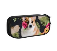 BNVSADC Tropical Flower and Corgi Printed Pencil Case Large Pen Bag Cute Pencil Box Pouch Office School Stationery Organizer for Girls Boys, Black