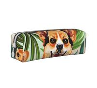 BNVSADC Tropical Flower and Corgi Printed Pencil Case Leather Pencil Pouch Cute Stationery Pencil Pen Bag with Zipper for School Office Travel
