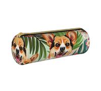 BNVSADC Tropical Flower and Corgi Printed Round Pencil Case Leather Pencil Pouch Cute Stationery Pencil Pen Bag for School Office Travel