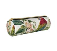 BNVSADC Tropical Flower Leaf Parrot Printed Round Pencil Case Leather Pencil Pouch Cute Stationery Pencil Pen Bag for School Office Travel