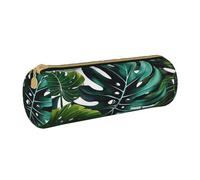 BNVSADC Tropical Leaves Printed Round Pencil Case Leather Pencil Pouch Cute Stationery Pencil Pen Bag for School Office Travel