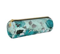 BNVSADC Turquoise Teal Floral Printed Round Pencil Case Leather Pencil Pouch Cute Stationery Pencil Pen Bag for School Office Travel