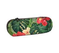 BNVSADC Vegetation Leaves with Hibiscus Flowers Printed Leather Pencil Pen Case & Makeup Bag - Stylish Hard Shell Pencil Bag Stationery Organizer Pouch for School Office Travel