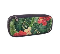 BNVSADC Vegetation Leaves with Hibiscus Flowers Printed Leather Pencil Pen Case & Makeup Bag - Stylish Pencil Bag Stationery Organizer Pouch for School Office Travel