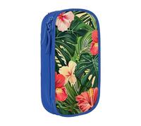 BNVSADC Vegetation Leaves with Hibiscus Flowers Printed Pencil Case for Girls Boys, Large Capacity Pencil Pouch Cute Pencil Box Adult Makeup Bag with 2 Compartments, Blue