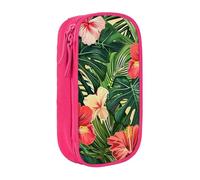 BNVSADC Vegetation Leaves with Hibiscus Flowers Printed Pencil Case for Girls Boys, Large Capacity Pencil Pouch Cute Pencil Box Adult Makeup Bag with 2 Compartments, Pink