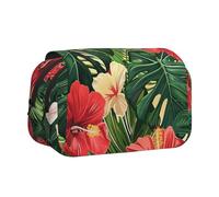 BNVSADC Vegetation Leaves with Hibiscus Flowers Printed Print Flip Top Double Layer Pencil Case - Large Capacity School Supplies Organizer for Students, Kids, Teens, Artists, Travel & Office Use