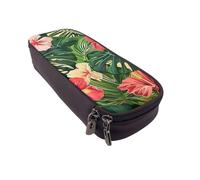 BNVSADC Vegetation Leaves with Hibiscus Flowers Printed PU Leather Flip Pencil Case, Cute Pencil Box Pen Bag Stationery Organizer Makeup Bag for School Office Travel